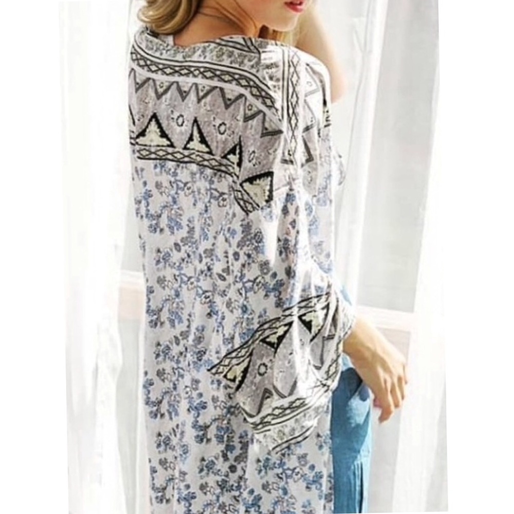 Very J White Floral Swim Coverup with Blue and Black Trim